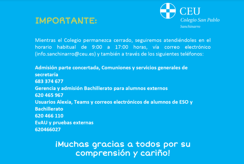 Seguimos trabajando y atendiendo a las familias mientras el Colegio está cerrado
